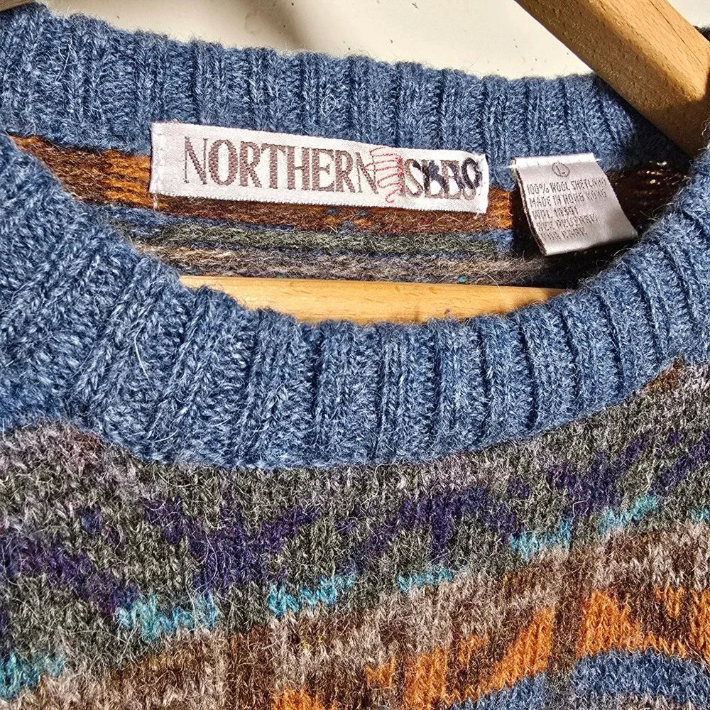 Northern‎ Isles 100% Shetland Wool Sweater Indigo Heather Grandpa Sweater Size L